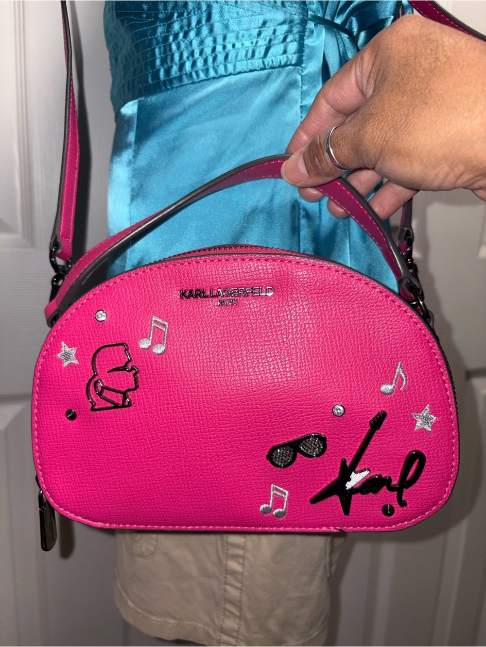 Karl Lagerfeld Hot Pink Dome Crossbody with Musical Icon Embellishments